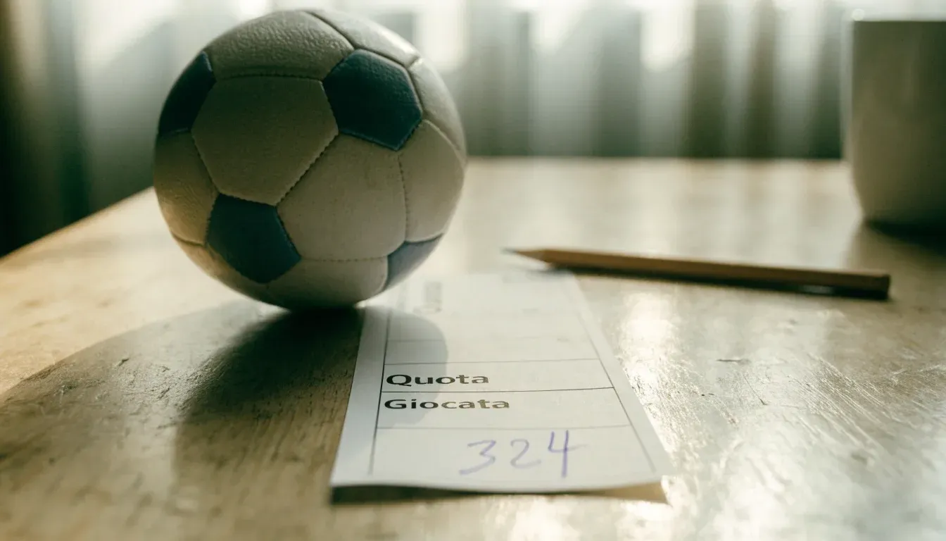 Un pallone da calcio appoggiato su una schedina bianca su un tavolo di legno, alla luce del giorno