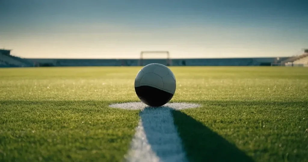 Un pallone da calcio sul dischetto del centrocampo di un prato, alla luce del mattino