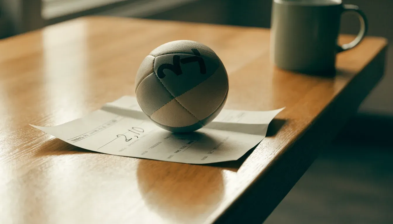 Un pallone da calcio appoggiato su una schedina bianca su un tavolo di legno, alla luce del giorno