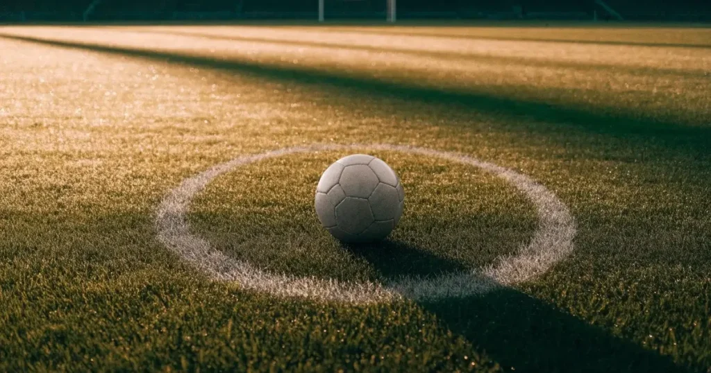 Un pallone da calcio sul dischetto del centrocampo di un prato, alla luce del mattino