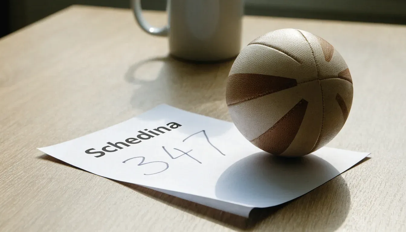 Un pallone da calcio appoggiato su una schedina bianca su un tavolo di legno, alla luce del giorno