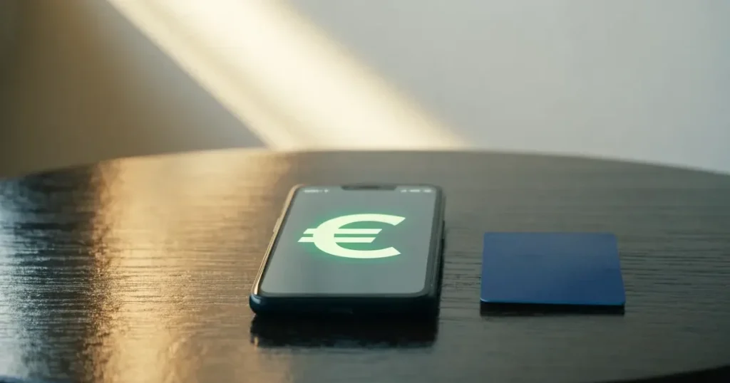Uno smartphone e una carta di pagamento affiancati su un tavolo di legno, con alcune banconote da euro accanto