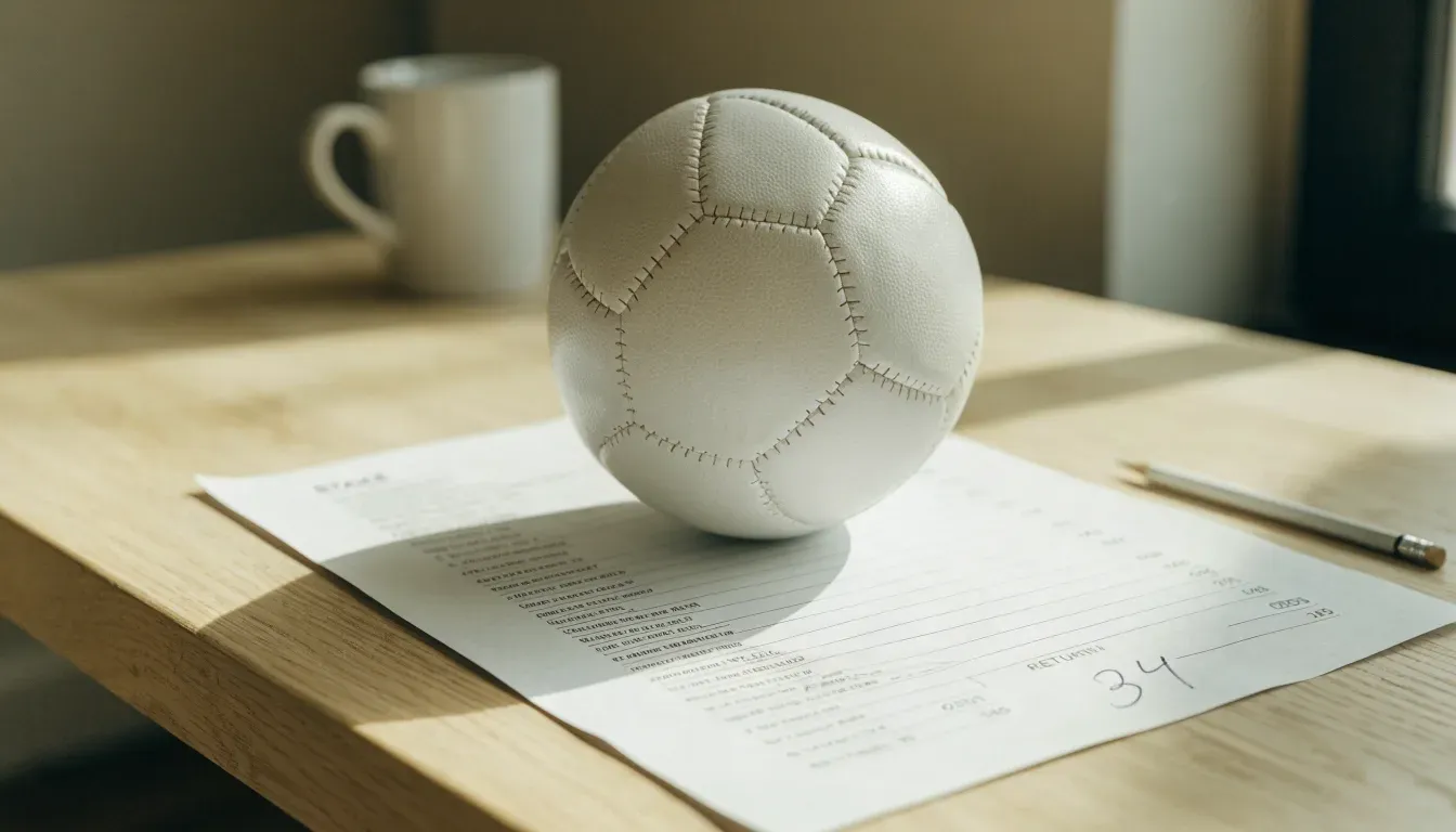 Un pallone da calcio appoggiato su una schedina bianca su un tavolo di legno, alla luce del giorno