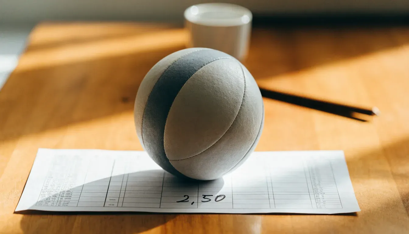 Un pallone da calcio appoggiato su una schedina bianca su un tavolo di legno, alla luce del giorno