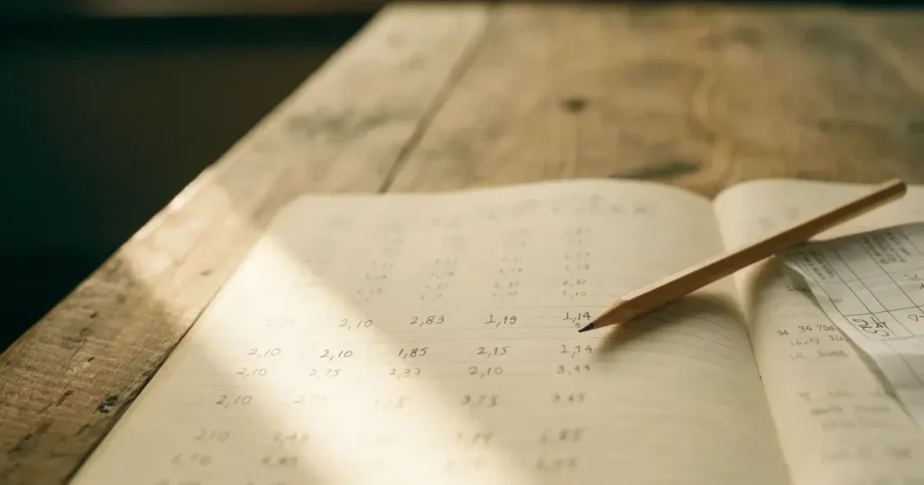 Un quaderno aperto con quote scritte a mano, una calcolatrice e una matita su un tavolo di legno