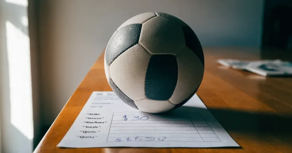 Un pallone da calcio appoggiato su una schedina bianca su un tavolo di legno, alla luce del giorno