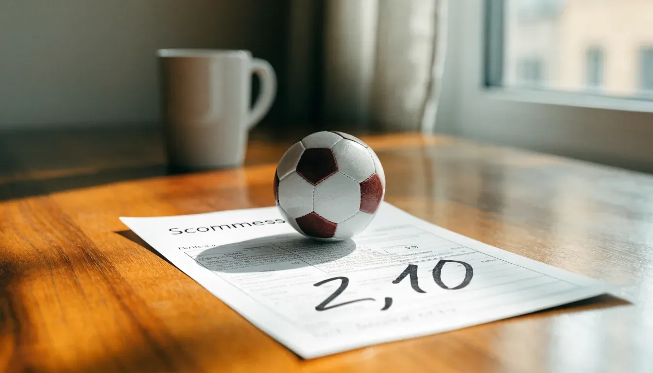 Un pallone da calcio appoggiato su una schedina bianca su un tavolo di legno, alla luce del giorno