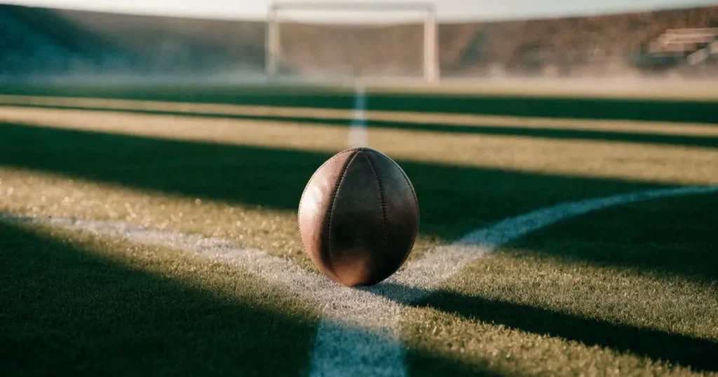 Un pallone da calcio sul dischetto del centrocampo di un prato, alla luce del mattino