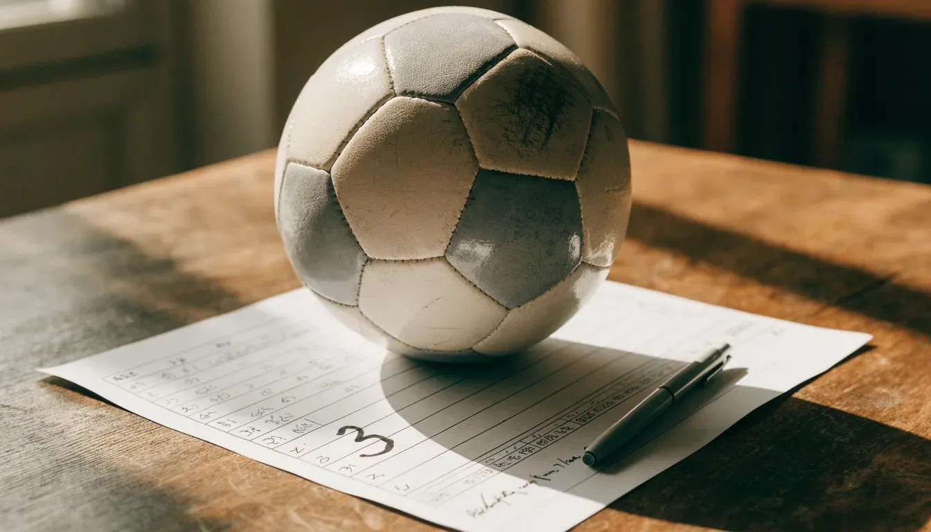 Un pallone da calcio appoggiato su una schedina bianca su un tavolo di legno, alla luce del giorno