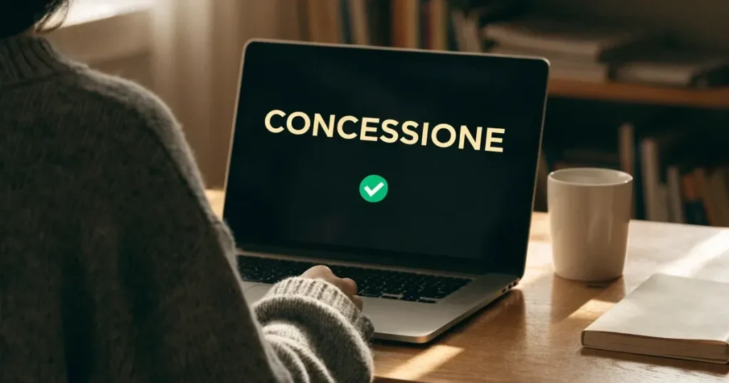Un foglio di concessione in carta con un timbro rosso, appoggiato su una scrivania di legno accanto a una penna