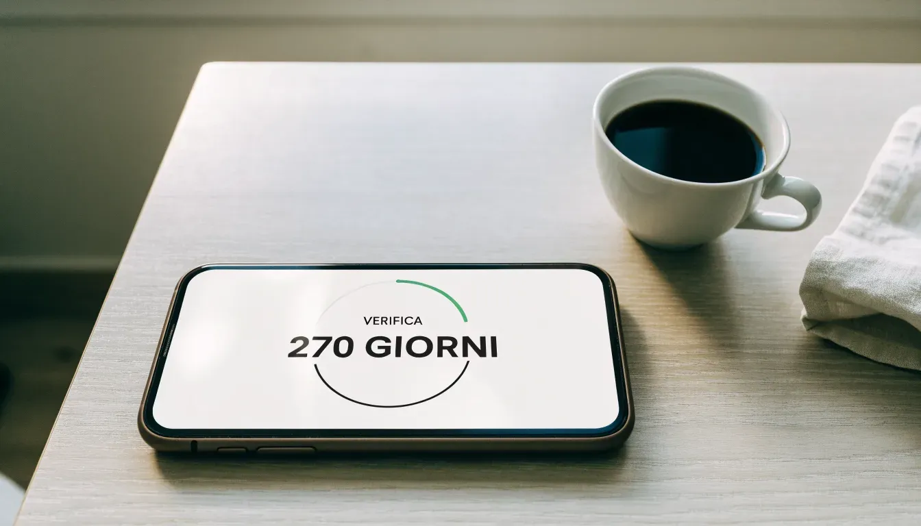 Un documento di identità appoggiato accanto a uno smartphone con un timer sullo schermo, su un tavolo da cucina