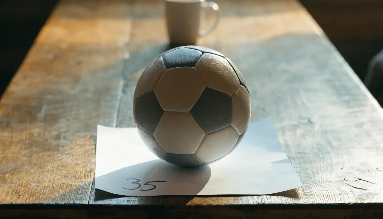 Un pallone da calcio appoggiato su una schedina bianca su un tavolo di legno, alla luce del giorno