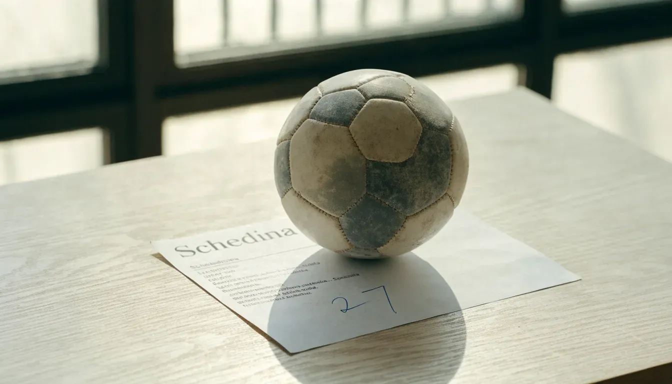Un pallone da calcio appoggiato su una schedina bianca su un tavolo di legno, alla luce del giorno