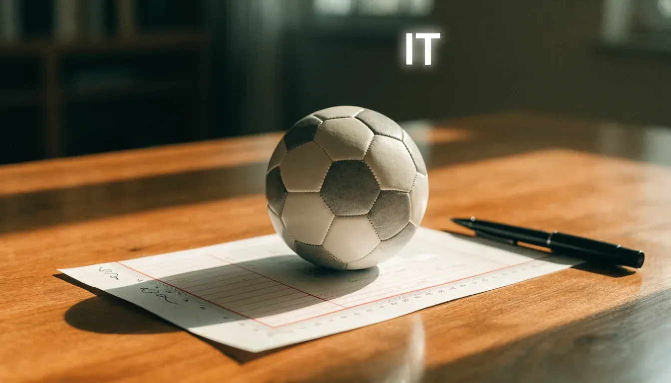 Un pallone da calcio appoggiato su una schedina bianca su un tavolo di legno, alla luce del giorno