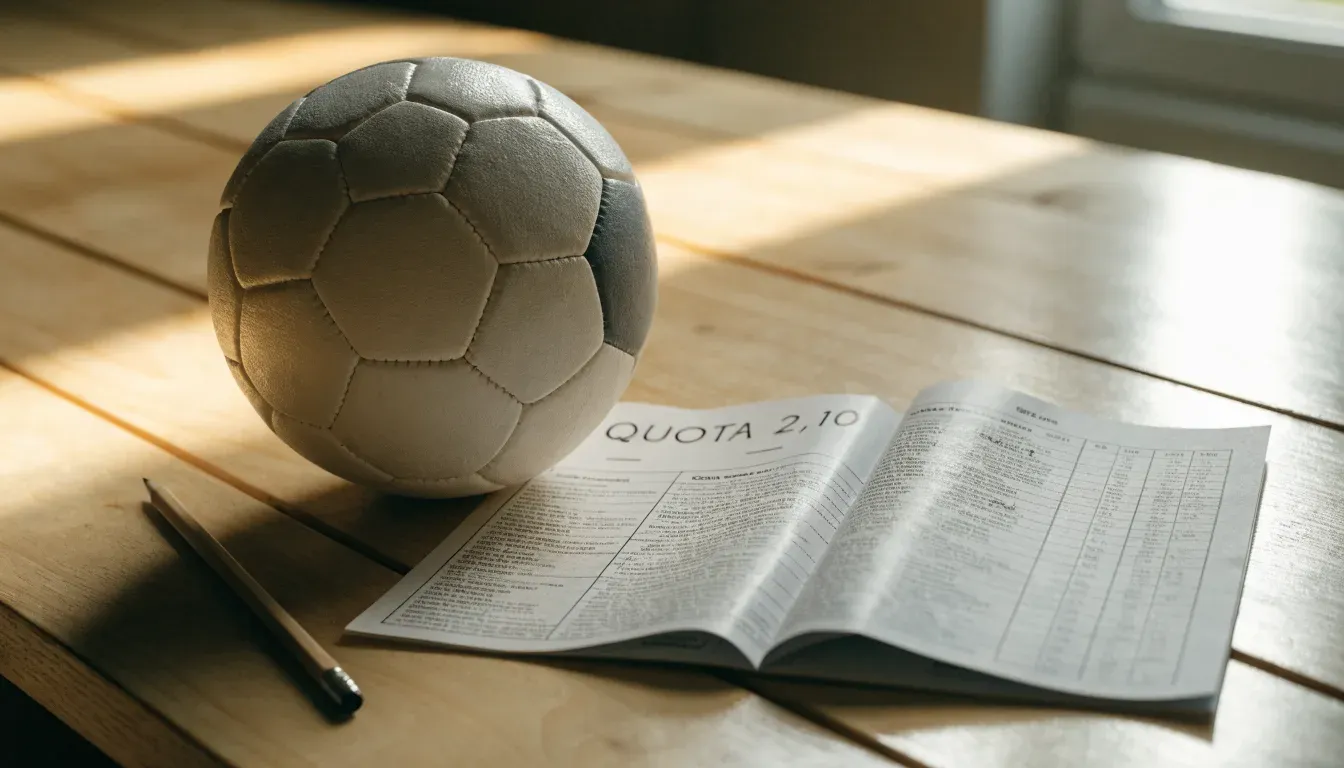Un pallone da calcio appoggiato su una schedina bianca su un tavolo di legno, alla luce del giorno