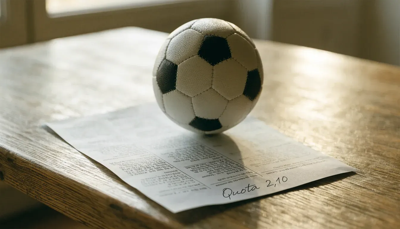 Un pallone da calcio appoggiato su una schedina bianca su un tavolo di legno, alla luce del giorno