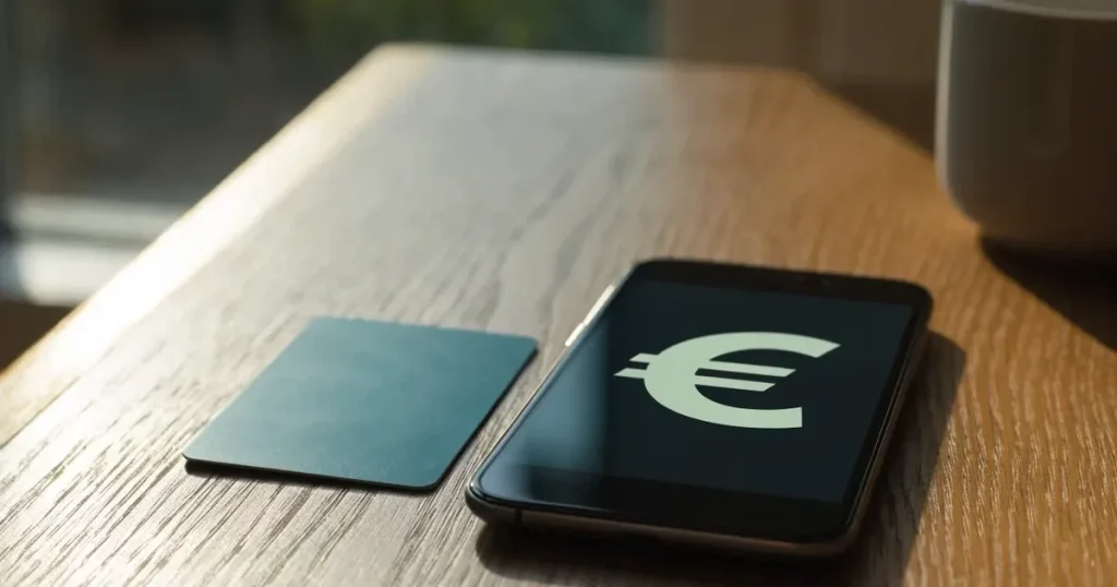 Uno smartphone e una carta di pagamento affiancati su un tavolo di legno, con alcune banconote da euro accanto