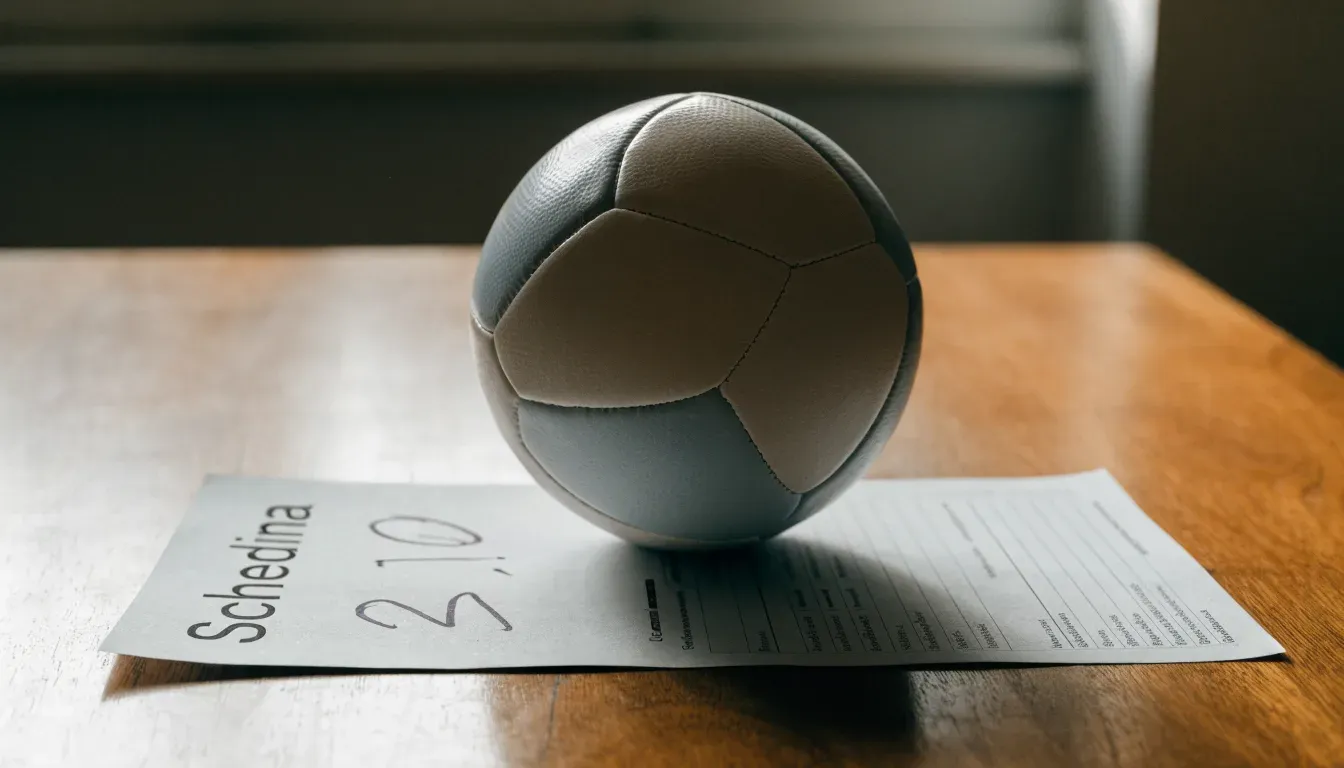 Un pallone da calcio appoggiato su una schedina bianca su un tavolo di legno, alla luce del giorno