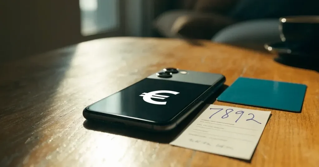 Uno smartphone e una carta di pagamento affiancati su un tavolo di legno, con alcune banconote da euro accanto