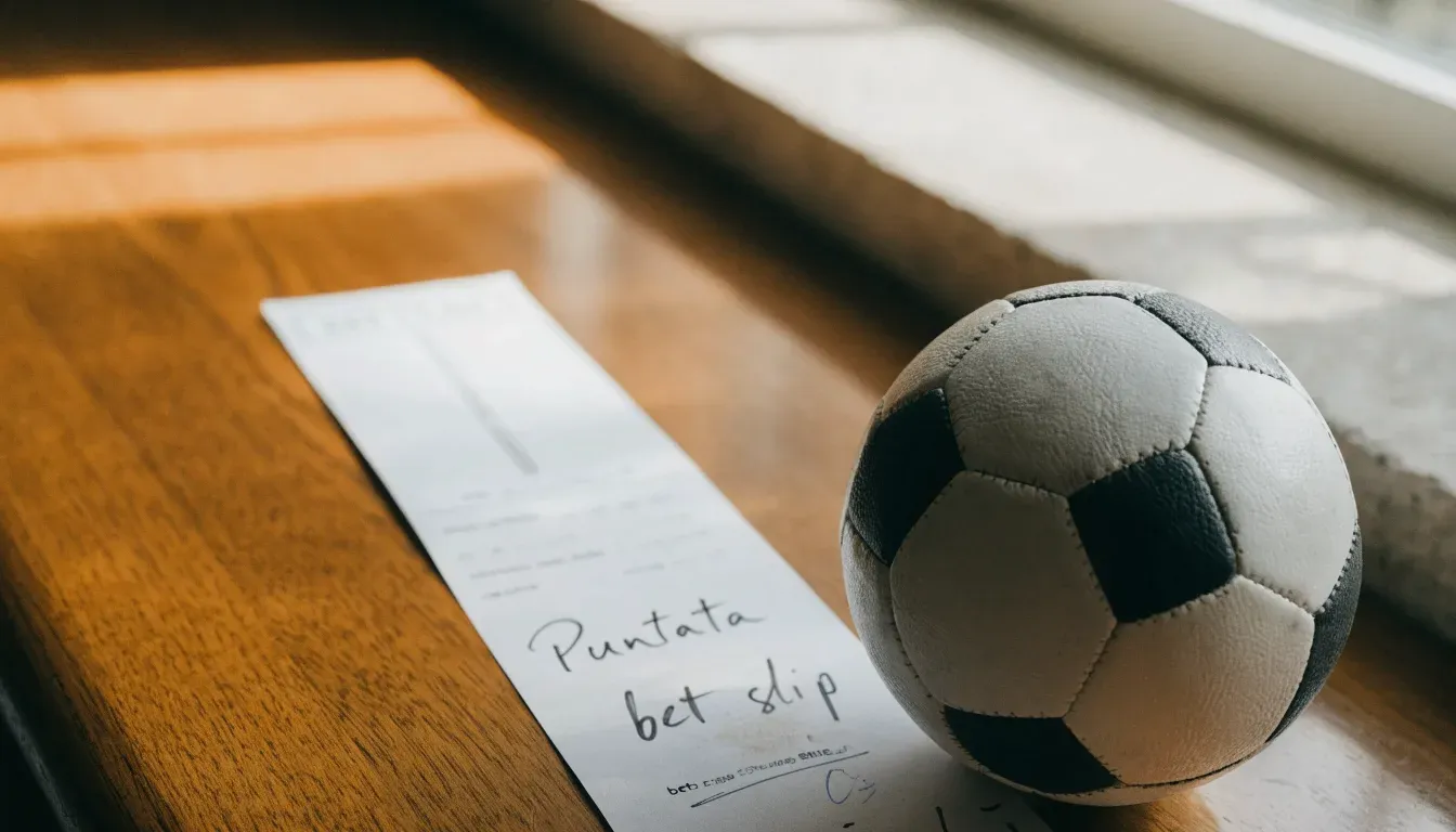 Un pallone da calcio appoggiato su una schedina bianca su un tavolo di legno, alla luce del giorno