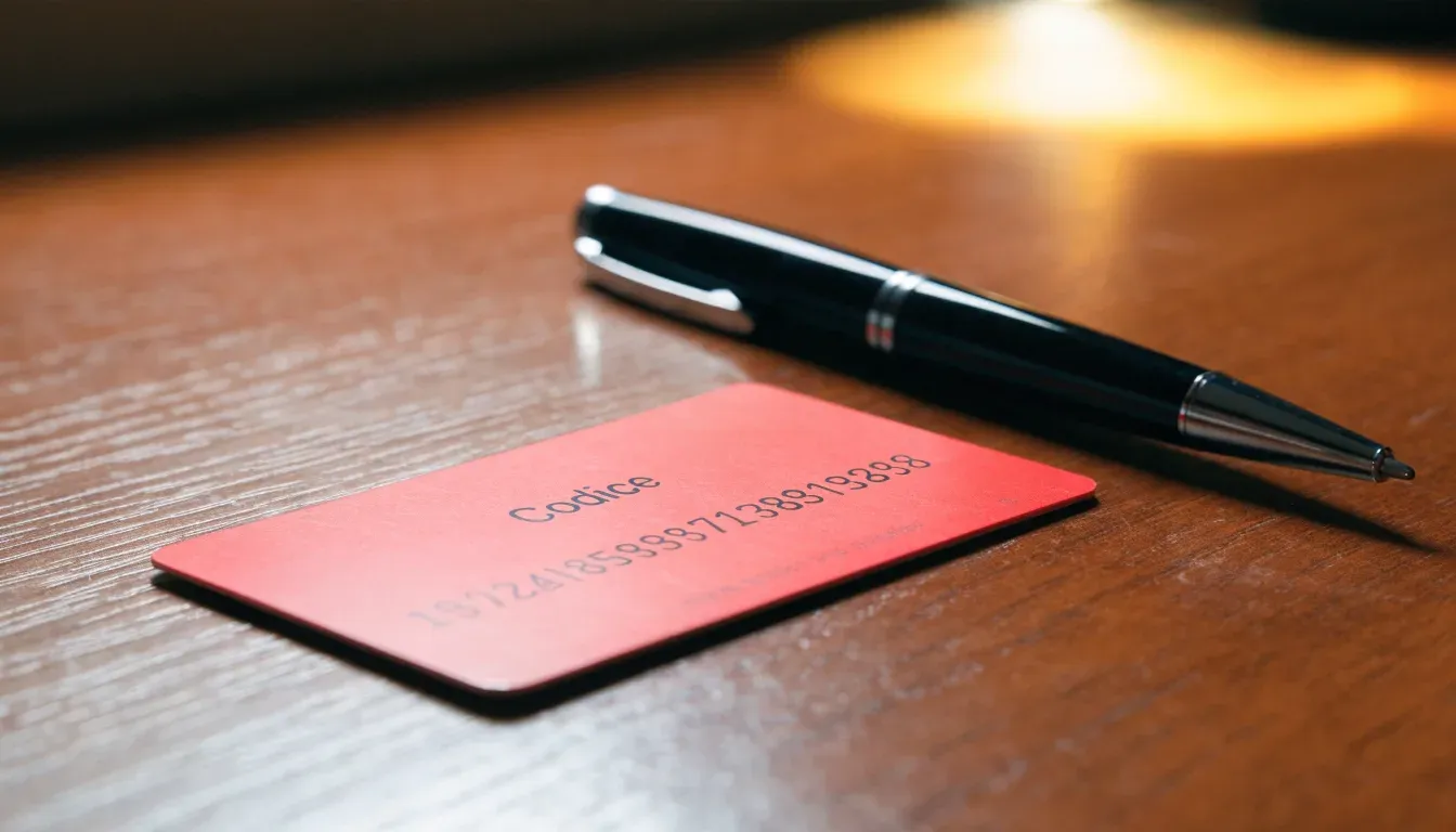 Un foglio di concessione in carta con un timbro rosso, appoggiato su una scrivania di legno accanto a una penna