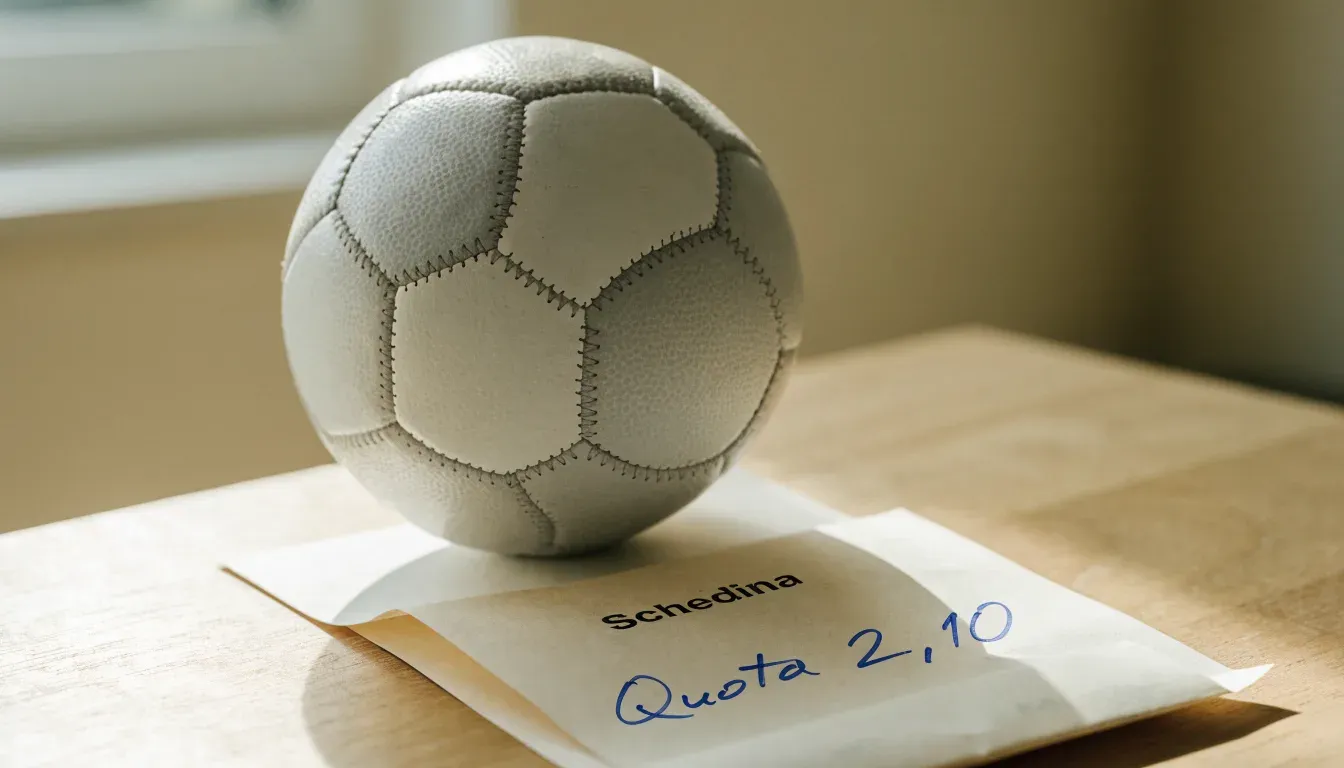 Un pallone da calcio appoggiato su una schedina bianca su un tavolo di legno, alla luce del giorno