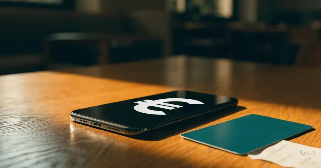 Uno smartphone e una carta di pagamento affiancati su un tavolo di legno, con alcune banconote da euro accanto
