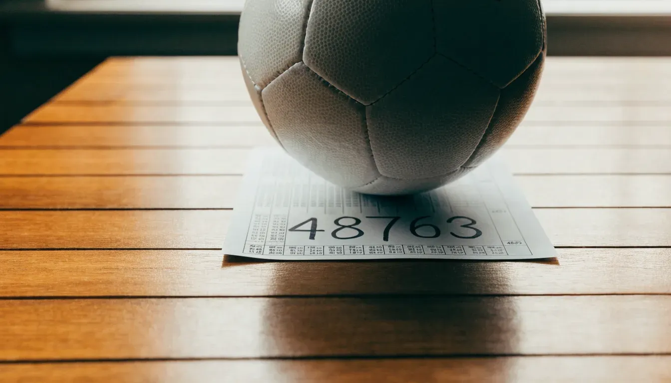 Un pallone da calcio appoggiato su una schedina bianca su un tavolo di legno, alla luce del giorno