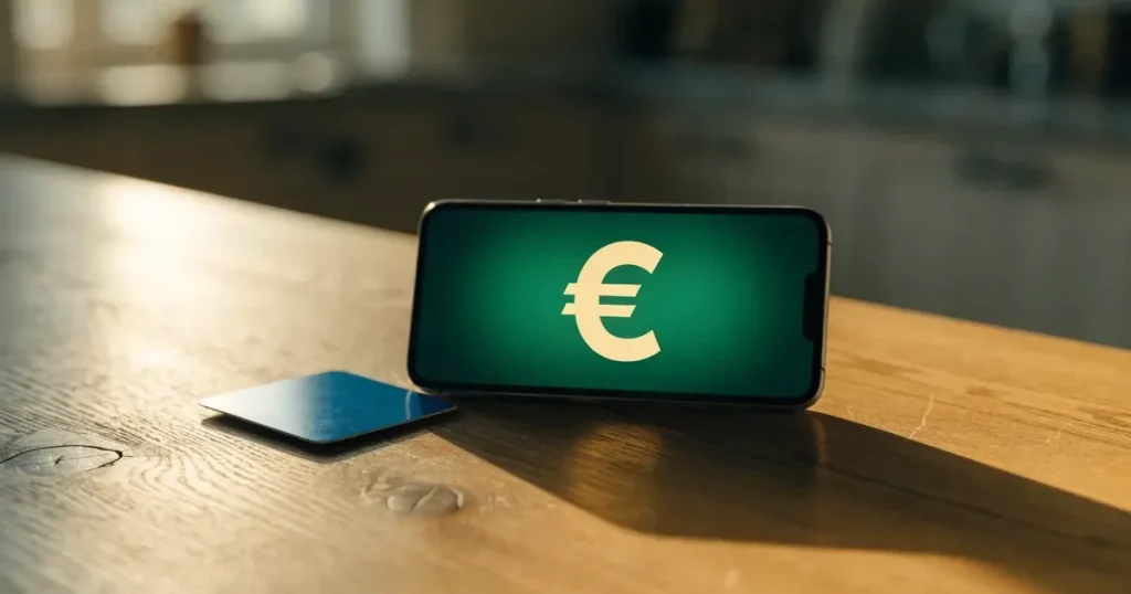 Uno smartphone e una carta di pagamento affiancati su un tavolo di legno, con alcune banconote da euro accanto