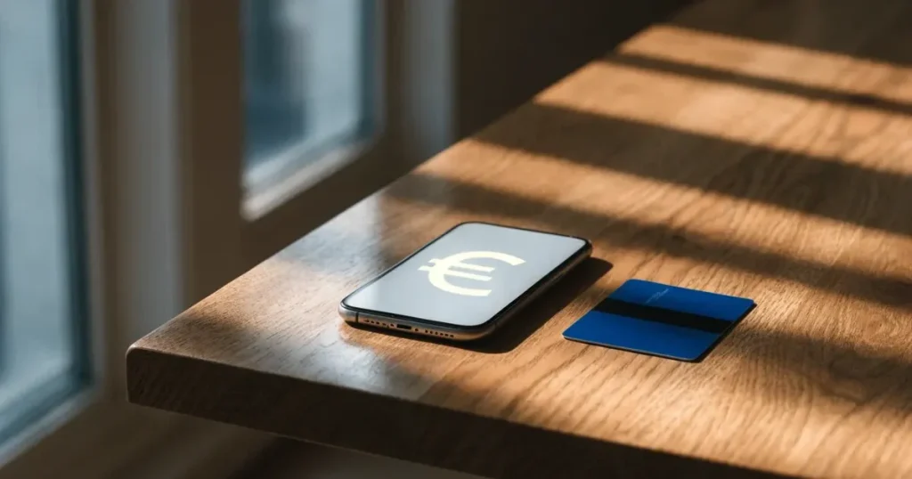 Uno smartphone e una carta di pagamento affiancati su un tavolo di legno, con alcune banconote da euro accanto