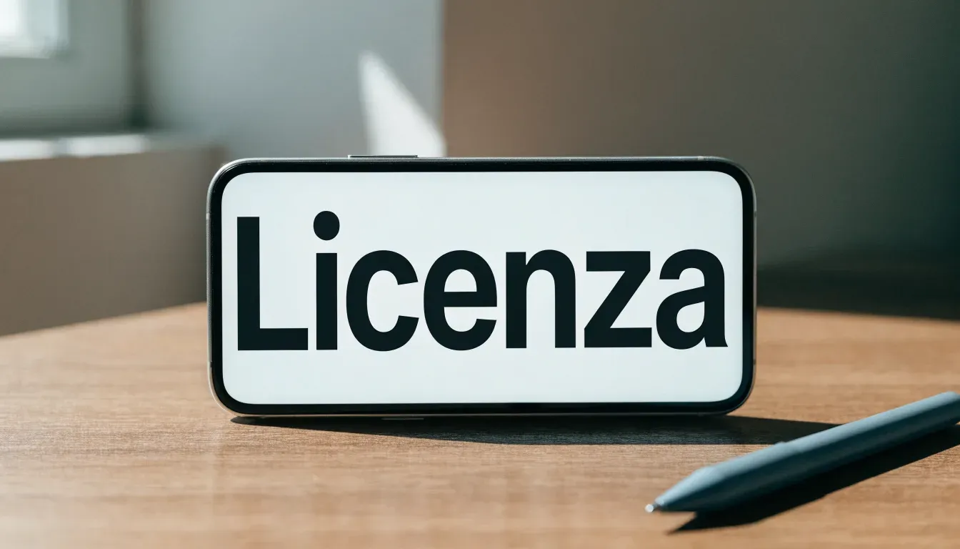 Un foglio di concessione in carta con un timbro rosso, appoggiato su una scrivania di legno accanto a una penna