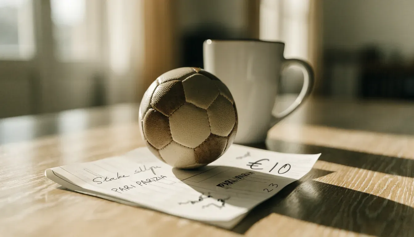 Un pallone da calcio appoggiato su una schedina bianca su un tavolo di legno, alla luce del giorno