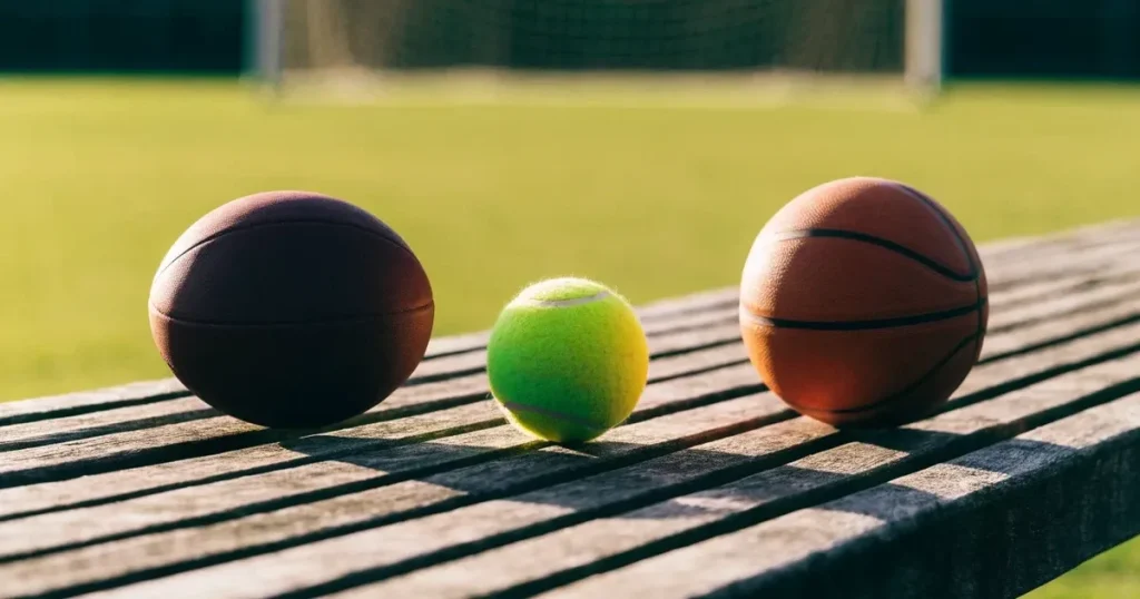 Tre palloni di sport diversi allineati uno accanto all'altro su una panca di legno