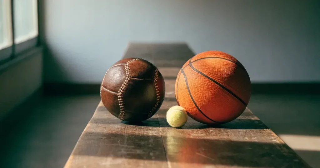 Tre palloni di sport diversi allineati uno accanto all'altro su una panca di legno