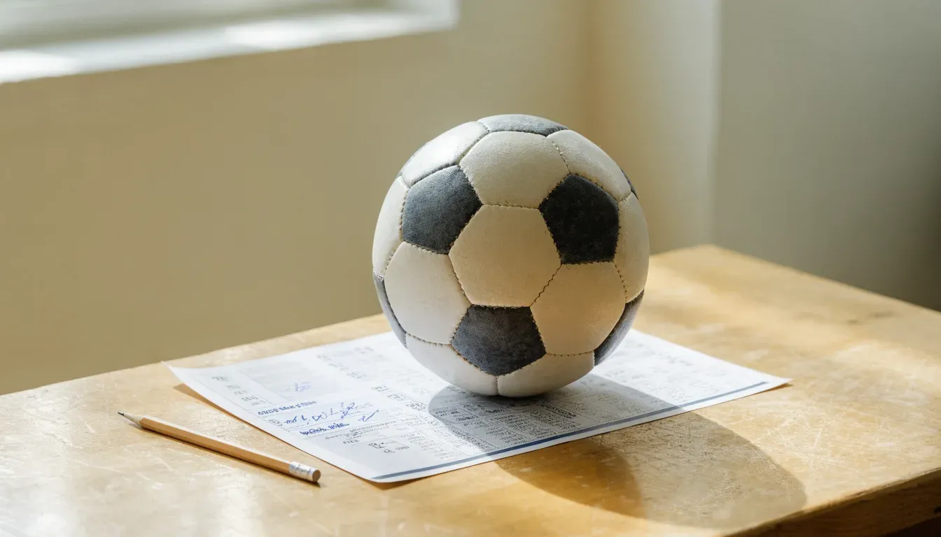 Un pallone da calcio appoggiato su una schedina bianca su un tavolo di legno, alla luce del giorno