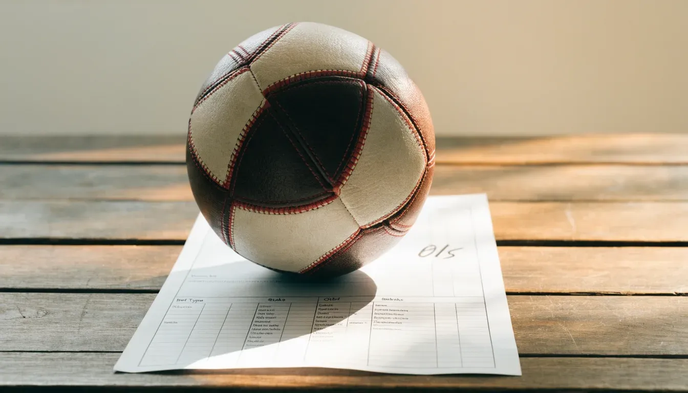 Un pallone da calcio appoggiato su una schedina bianca su un tavolo di legno, alla luce del giorno