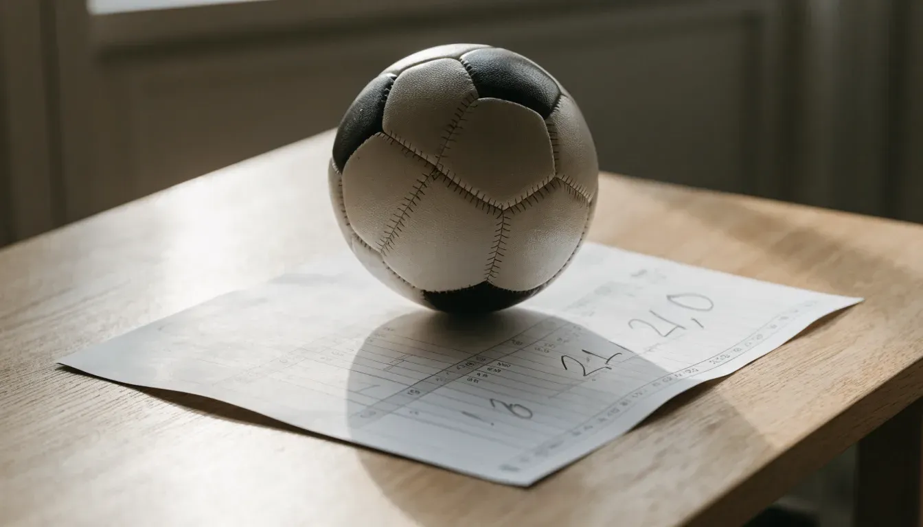 Un pallone da calcio appoggiato su una schedina bianca su un tavolo di legno, alla luce del giorno