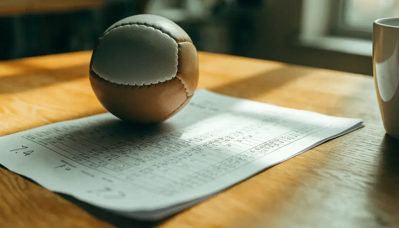 Un pallone da calcio appoggiato su una schedina bianca su un tavolo di legno, alla luce del giorno