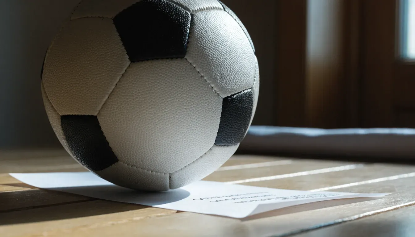 Un pallone da calcio appoggiato su una schedina bianca su un tavolo di legno, alla luce del giorno