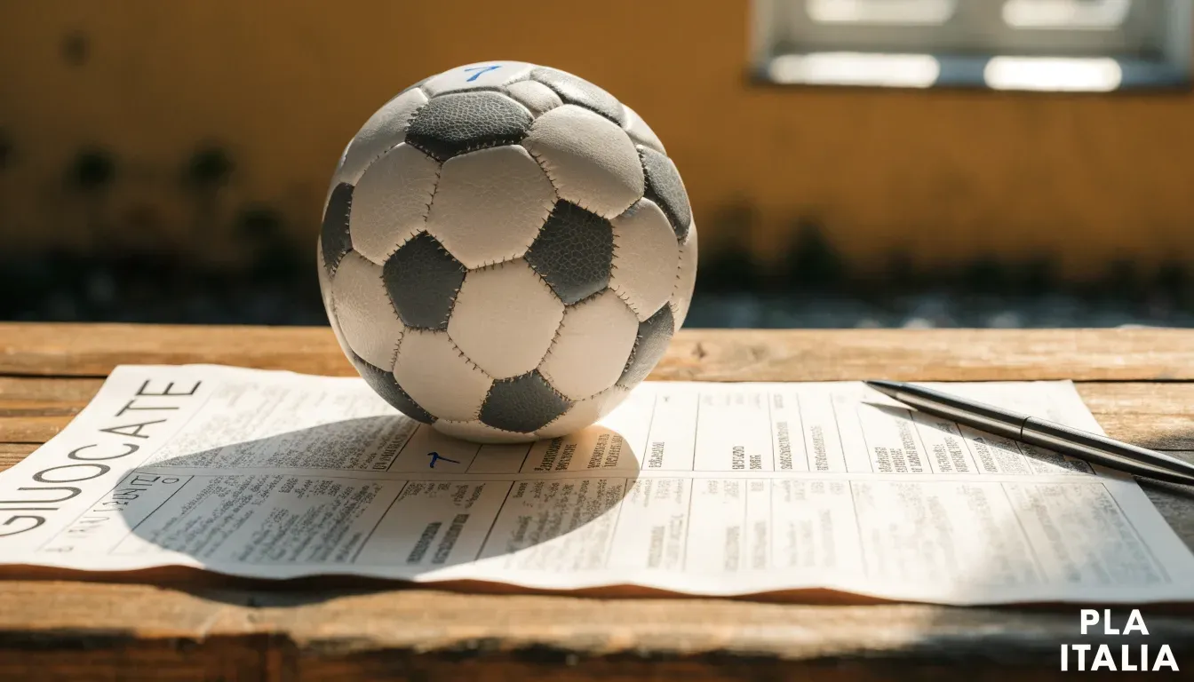 Un pallone da calcio appoggiato su una schedina bianca su un tavolo di legno, alla luce del giorno