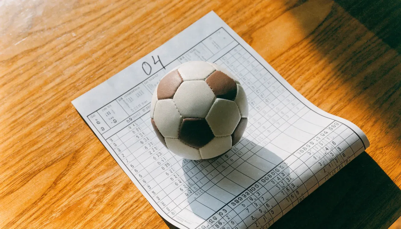 Un pallone da calcio appoggiato su una schedina bianca su un tavolo di legno, alla luce del giorno