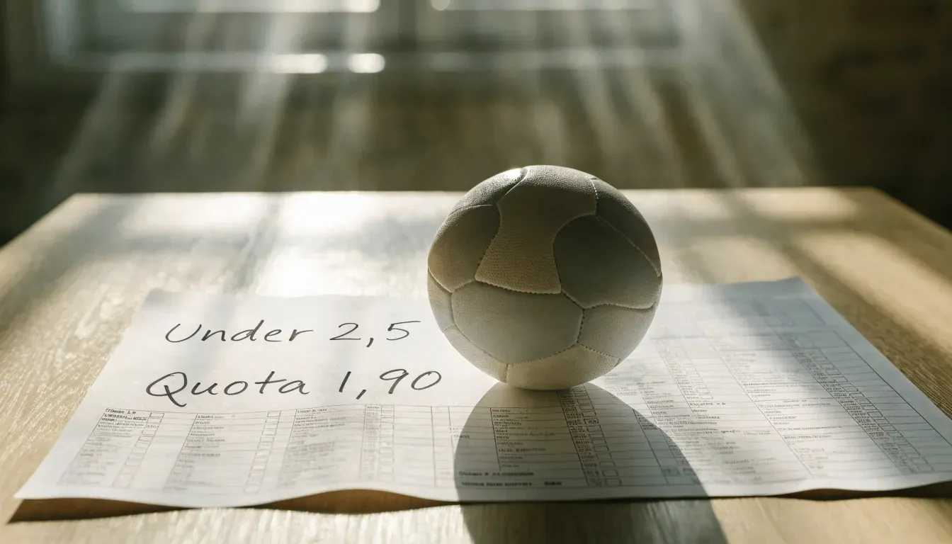 Un pallone da calcio appoggiato su una schedina bianca su un tavolo di legno, alla luce del giorno