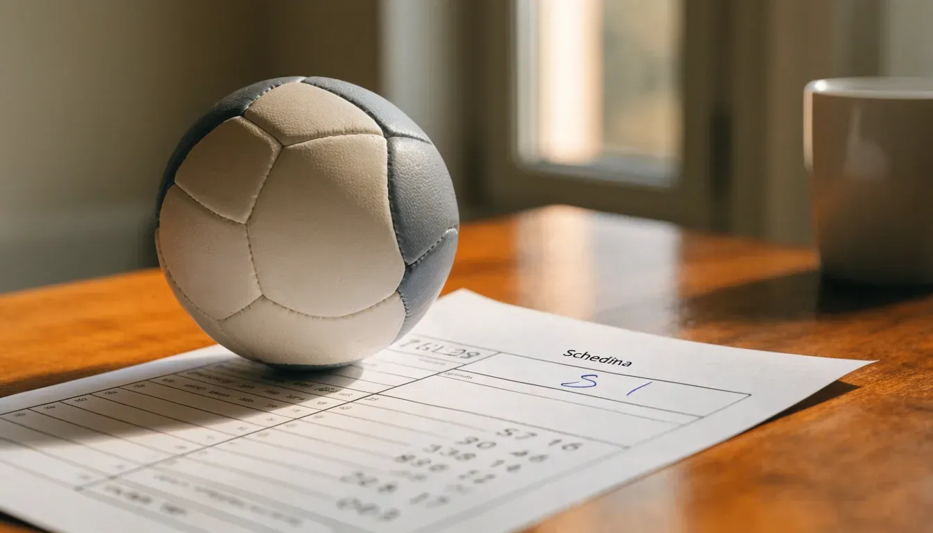 Un pallone da calcio appoggiato su una schedina bianca su un tavolo di legno, alla luce del giorno